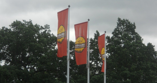 Schon von weitem sieht man die Flaggen des Elchparks.
