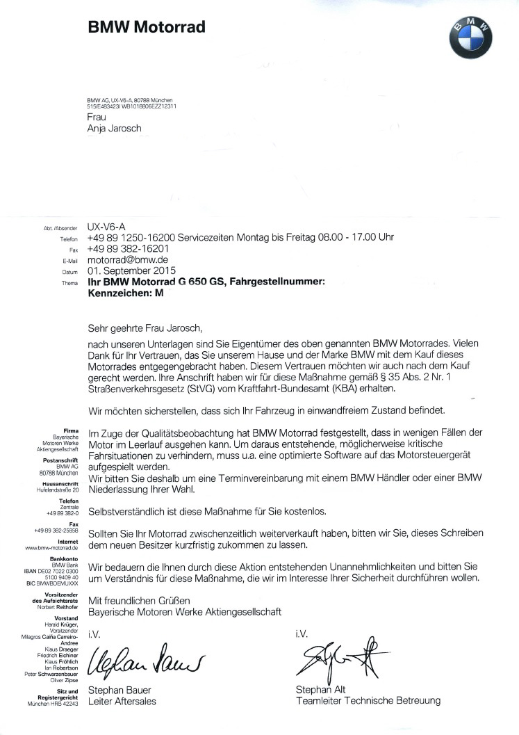 Brief Von Bmw Ruckruf Fur Die G 650 Gs Baujahr 2014 In Fremden Gefilden